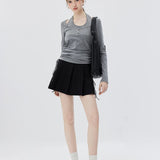 Casual Heathered Henley Top with Drawstring Hem Detail