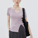 Chic Ribbed Knit Top with V-Neck and Side Buckle Detail