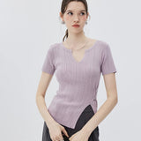 Chic Ribbed Knit Top with V-Neck and Side Buckle Detail