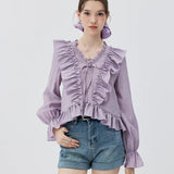 Romantic Ruffle-Trimmed V-Neck Blouse with Tie Detail and Balloon Sleeves