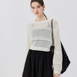 Breathable Crochet Knit Sweater with Textured Panels