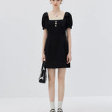 Chic Puff Sleeve Buttoned Square Neck Dress