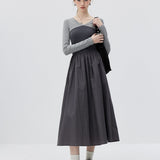 Grey Duo-tone Long-Sleeve Dress with Cinched Waist and Flowy Pleated Skirt