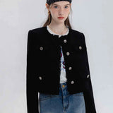 Women's Chic Bouclé Jacket with Round Neck and Fringe Detail