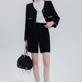 Women's Black V-Neck Tweed Jacket with Contrast Trim and Single-Button Closure
