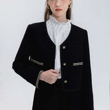 Áo khoác vải tuýt cổ chữ V màu đen có viền tương phản và đóng một nút cho nữ