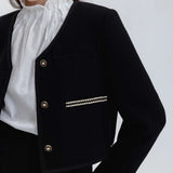 เสื้อแจ็คเก็ตผ้าทวีตผู้หญิงคอวีสีดำแต่งขอบสีตัดและปิดด้วยกระดุมเม็ดเดียว