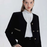 Women's Black V-Neck Tweed Jacket with Contrast Trim and Single-Button Closure