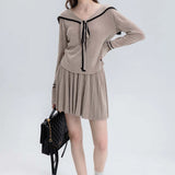 Knit Sweater with Contrast Tie-Neck and Pleated Skirt Set