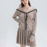 Knit Sweater with Contrast Tie-Neck and Pleated Skirt Set