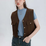 Áo vest không tay với thiết kế túi đối xứng và cài cúc
