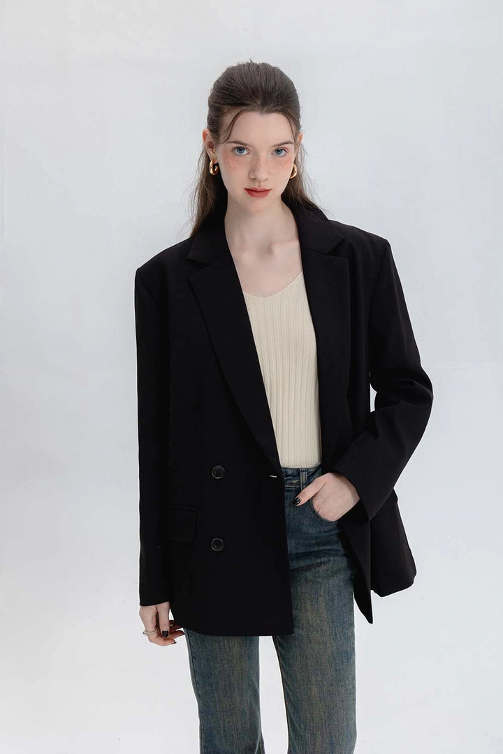 Polished Double Breasted Blazer with Notch Lapels and Flap Pockets