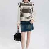 Black and White Striped Mock Neck Sweater with Contrast Sleeve Detail