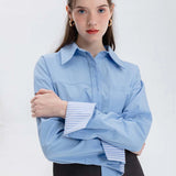 Women's Chic Oversized Button-Down Shirt with Striped Cuff Detail