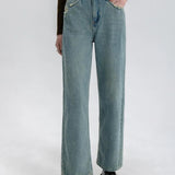 Jeans Denim Kaki Lebar Pinggang Tinggi yang bergaya dengan Cuci Vintaj