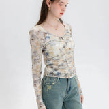 Women's Gathered Sheer Cardigan with Watercolor Print