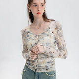 Women's Gathered Sheer Cardigan with Watercolor Print