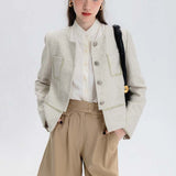 Women's Elegant Textured Jacket with Patch Pockets and Button Front