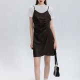 Sleek Faux Leather Slip Dress with Gathered Detail