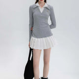 Layered Contrast Collar Dress with Pleated Hem