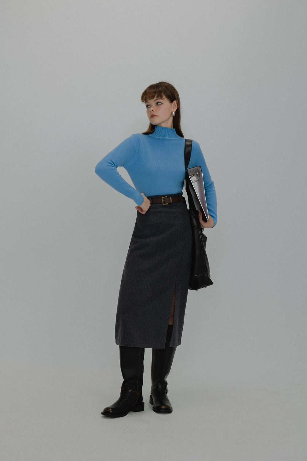 Skirt Midi Wanita Bergaya dengan Labuh Asimetri dan Perincian Tali Pinggang