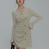 Women's Ruched Front Dress with Flare Sleeves and Decorative Buttons