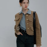 Chic Frayed Tweed Jacket with Gold-Tone Buttons