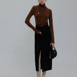 Sophisticated Midi Skirt with Belted Waist and Front Slit for Women