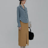 Sophisticated Midi Skirt with Belted Waist and Front Slit for Women