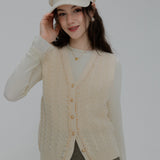 Sleeveless Cable Knit Vest with Embellished Button Front