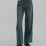Seluar Jeans Denim Kaki Lebar Pinggang Tinggi untuk Wanita dengan Perincian Poket Klasik
