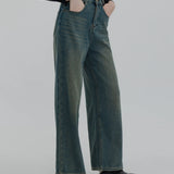 กางเกงยีนส์ขากว้างเอวสูงสำหรับผู้หญิงพร้อมรายละเอียดกระเป๋าสุดคลาสสิก