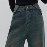 Seluar Jeans Denim Kaki Lebar Pinggang Tinggi untuk Wanita dengan Perincian Poket Klasik