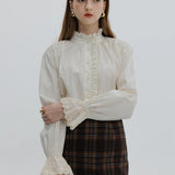 Ruffled Collar Blouse with Lace Cuff Detail