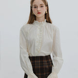 Ruffled Collar Blouse with Lace Cuff Detail