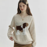 V-Neck Sweater with Dog Pattern