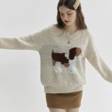 V-Neck Sweater with Dog Pattern