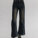 Retro Flared High-Rise Denim Jeans with Contrast Stitching