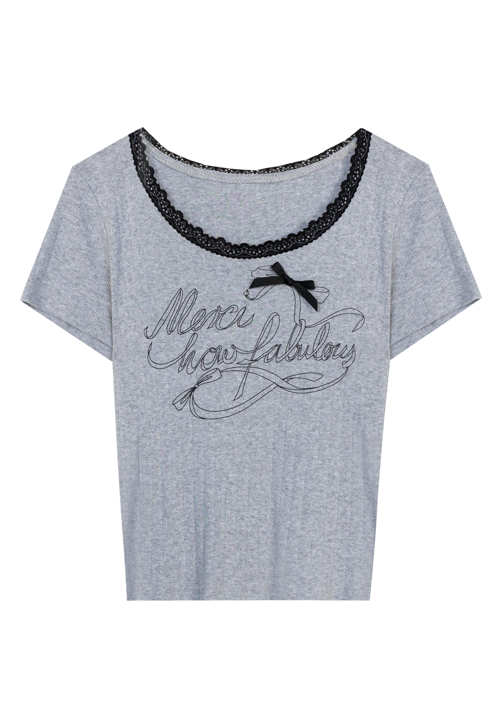 Round Neck Tee with Lace Trim and Bow