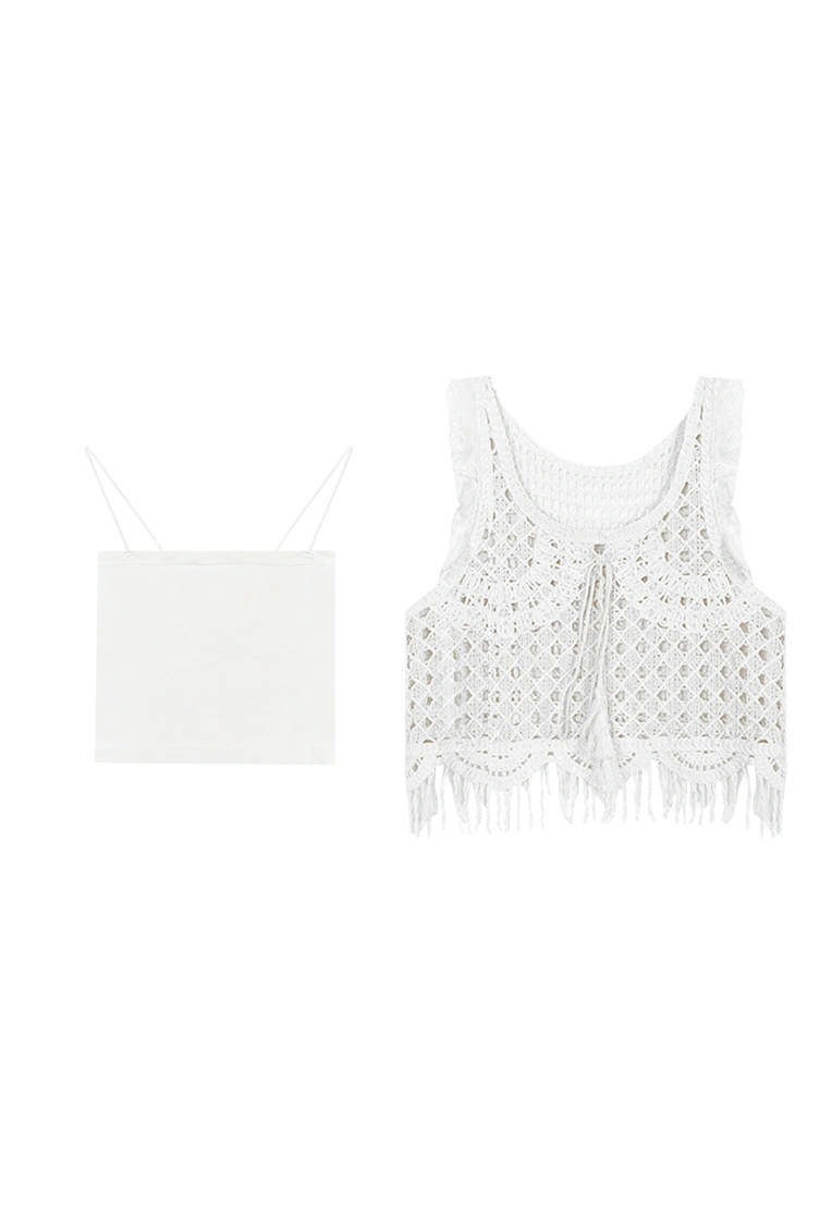 Women's Two-Piece Lace Crochet Vest and Spaghetti Strap Tank Top Set
