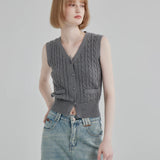 Classic Cable Knit Sleeveless Cardigan Vest with Front Pockets