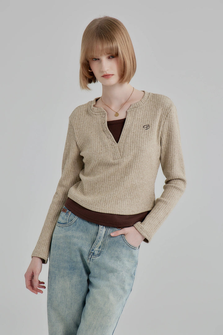 Layered Look Henley Top with Long Sleeves and Button Detail