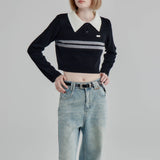 Sporty Collared Polo Sweater with Striped Detail