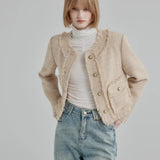 Tweed Short Jacket with Round Neck and Front Pockets