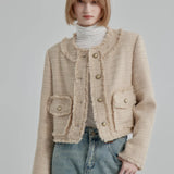 Tweed Short Jacket with Round Neck and Front Pockets
