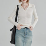 Elegant Long-Sleeve Knitted Top with Collared Neckline