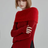 Fiery Red Off-Shoulder Fuzzy Knit Top