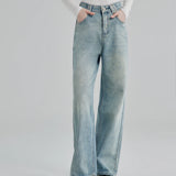 Seluar Jeans Pinggang Tinggi Kaki Lebar dengan Kemasan Pencuci Ringan