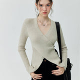Cross-Front Ribbed Knit Sweater with Button Accents