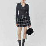 Cross-Front Ribbed Knit Sweater with Button Accents